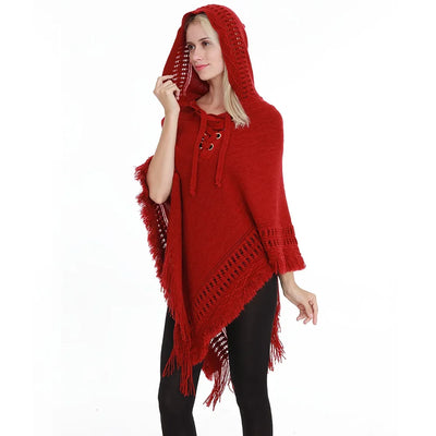 Cape crochet ajourée capuche lacée et franges style urbain décontracté