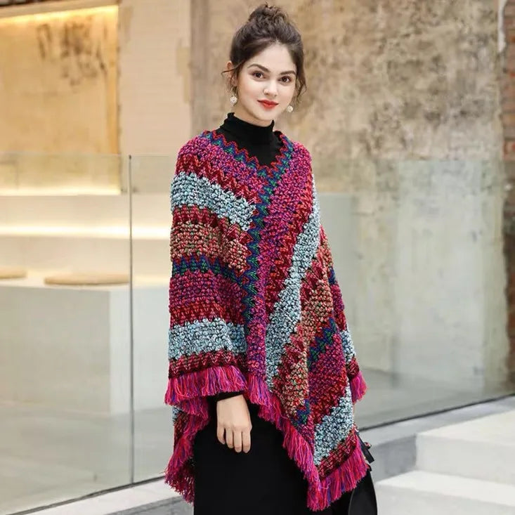 Châle poncho crochet coton ajouré motifs géométriques avec franges style bohème