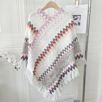 Châle crochet coton avec motifs géométriques zigzag et franges décoratives