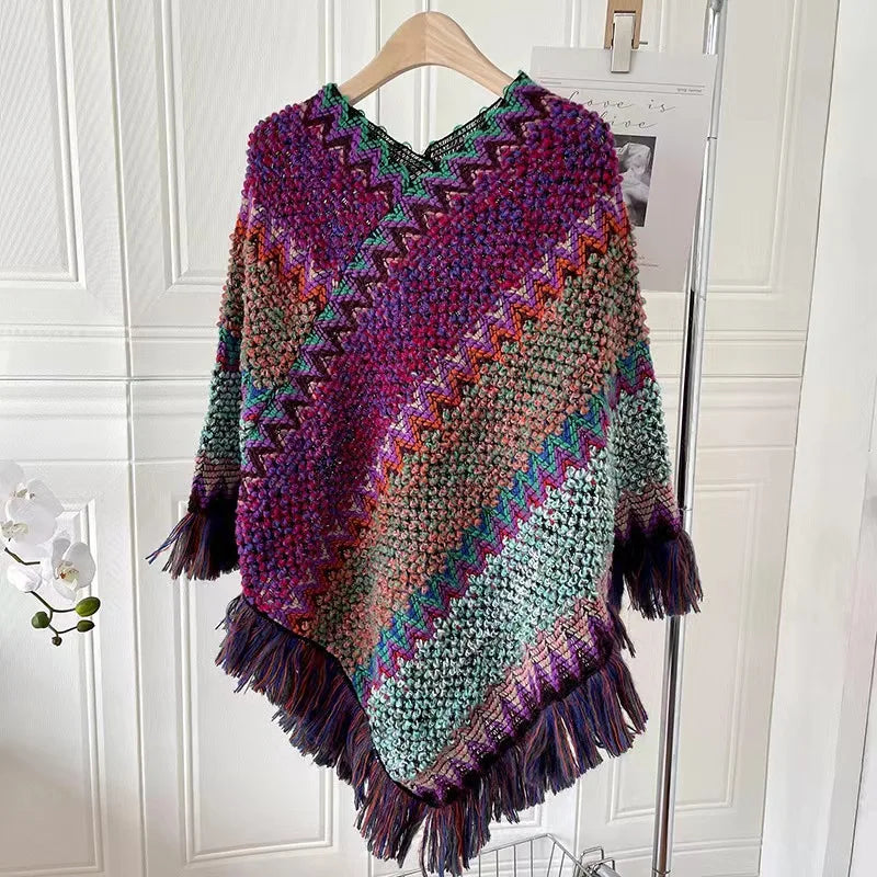 Châle poncho crochet coton ajouré motifs géométriques avec franges style bohème