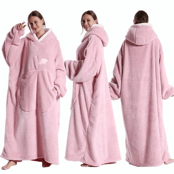 Couverture poncho polaire femme capuche rose avec manches et poche kangourou