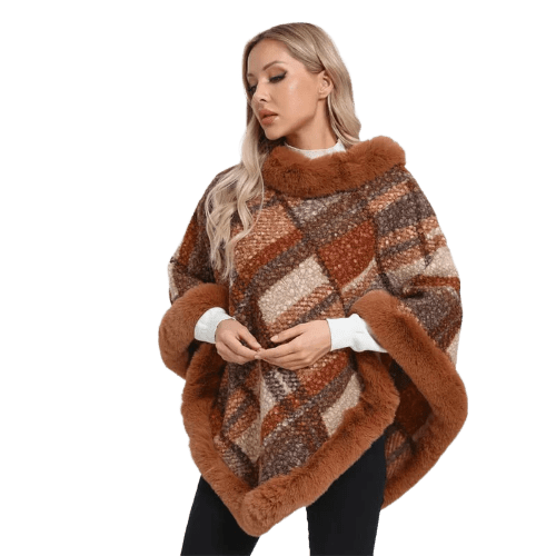 Poncho Chaud Tricot Agneau-Fourrure Jacquard