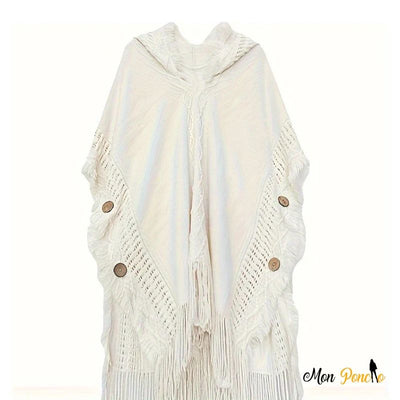 Poncho blanc d'hiver avec capuche et tricot torsadé pour femme