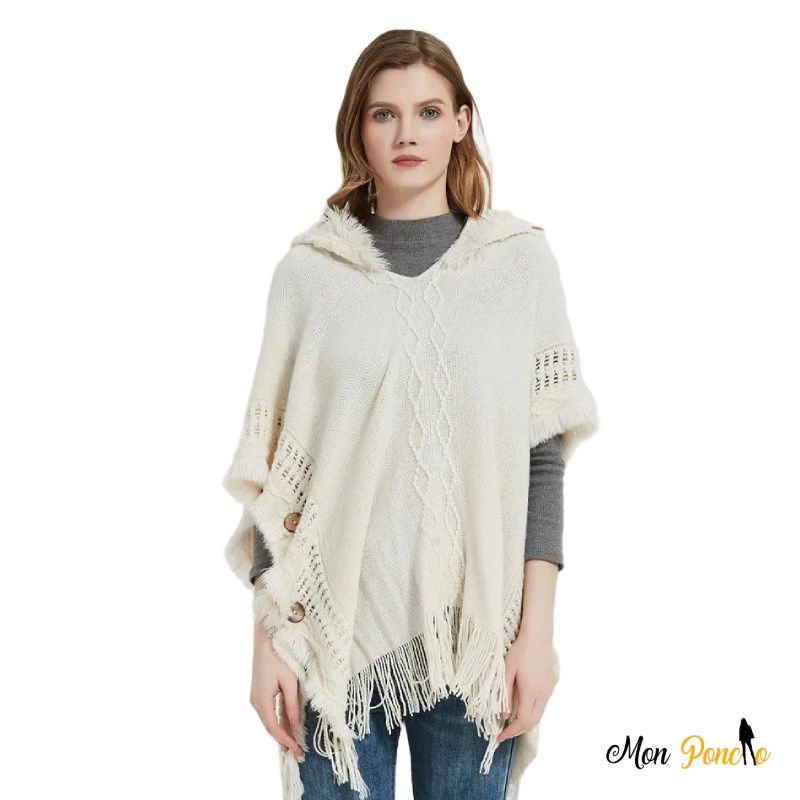 Poncho capuche automne-hiver tricot torsadé franges style décontracté moderne