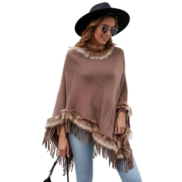 Poncho Bohème Col Fourrure et Franges Taupe