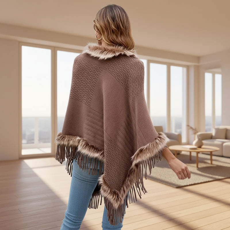 Poncho Bohème Col Fourrure et Franges Taupe
