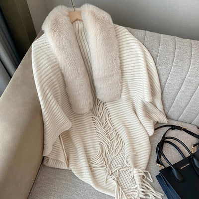 Poncho cardigan ouvert en cachemire épais tricoté main pour femme