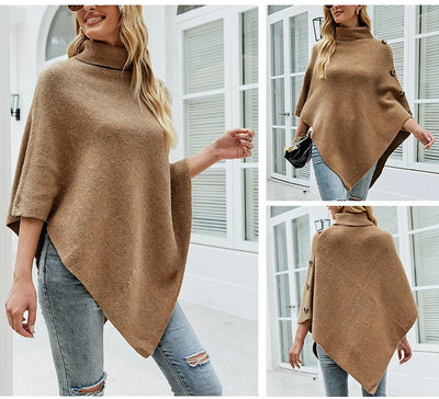 Poncho manches chauve-souris col roulé coupe asymétrique confort casual