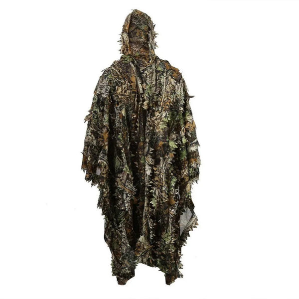 Poncho ghillie camouflage professionnel pour chasse et airsoft porté avec capuche