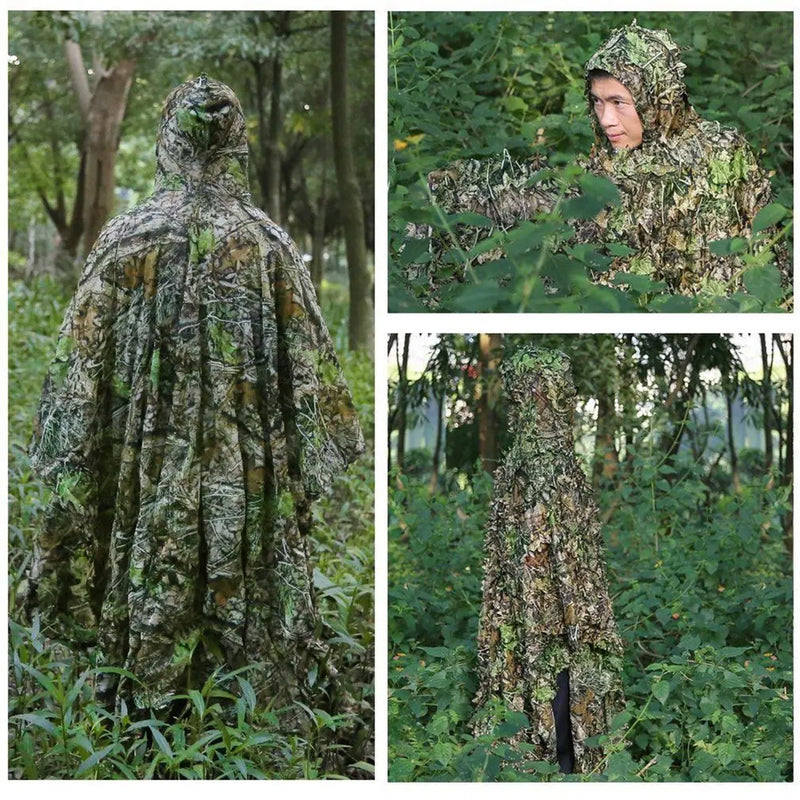 Poncho ghillie camouflage professionnel pour chasse et airsoft porté avec capuche