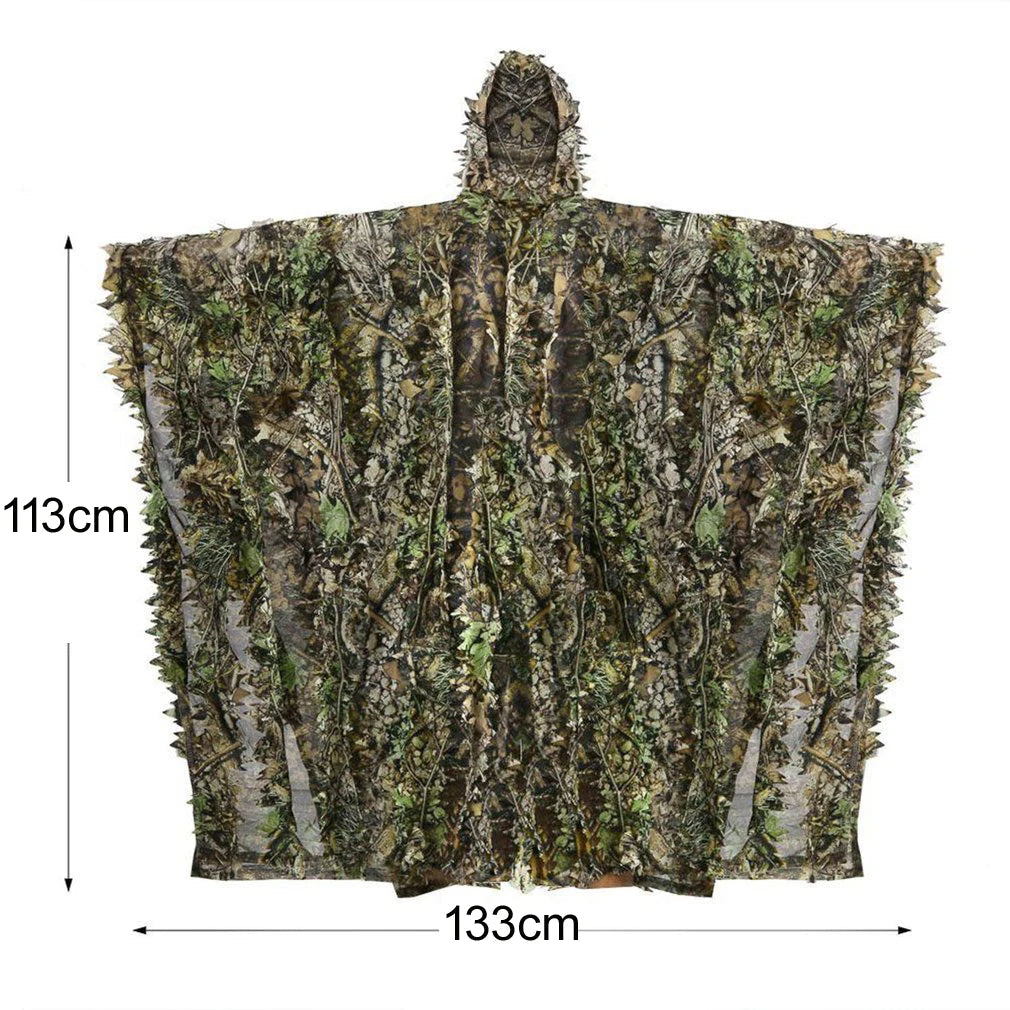 Poncho ghillie professionnel camouflage 3D pour chasse airsoft effet feuillage