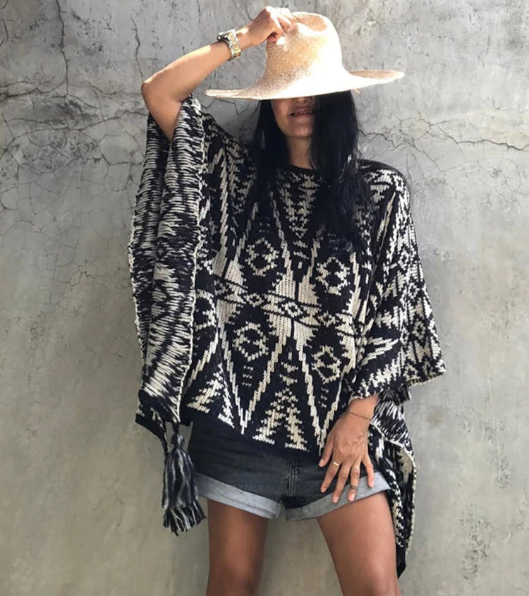 Poncho motifs aztèques géométriques style ethnique décontracté extérieur