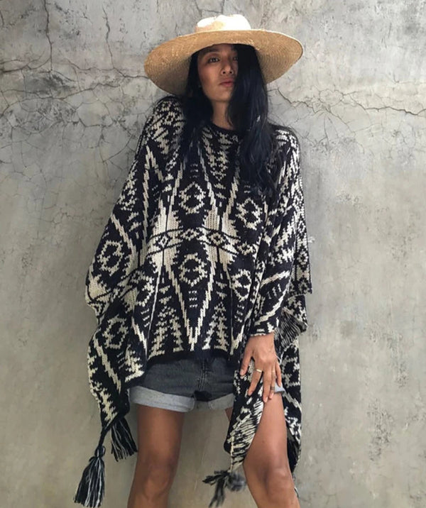Poncho motifs aztèques géométriques style ethnique décontracté extérieur