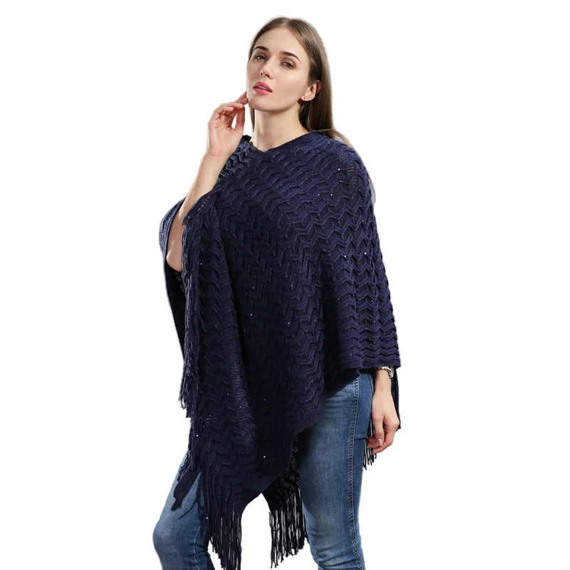 Poncho Paillettes Tricot Asymétrique Longues Franges