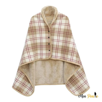 Poncho portable polaire réversible carreaux beige marron avec détail texture sherpa