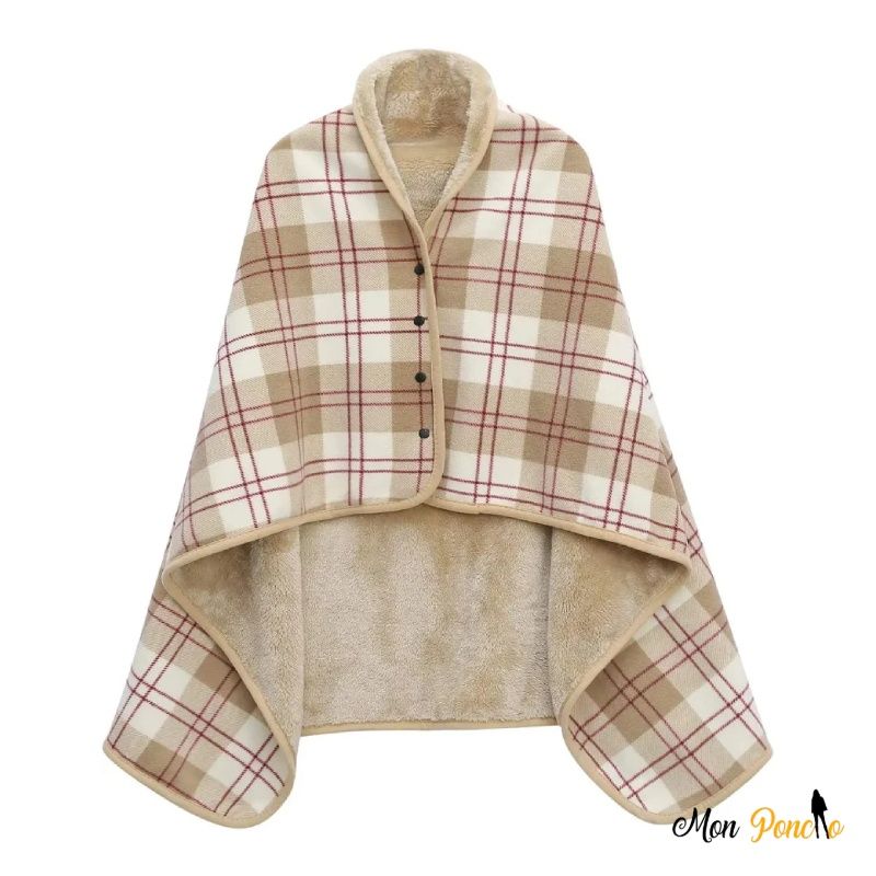 Poncho Portable Polaire Réversible Carreaux Beige Marron