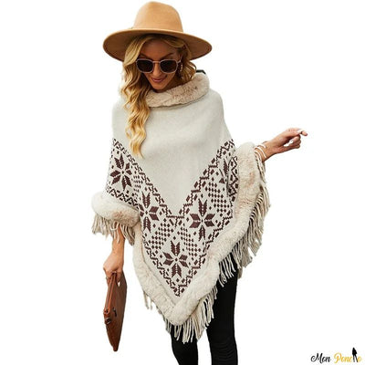Pull Roulé Poncho Col Blanc à Motifs Ethniques