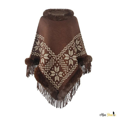 Pull Roulé Poncho Col marron à Motifs Ethniques