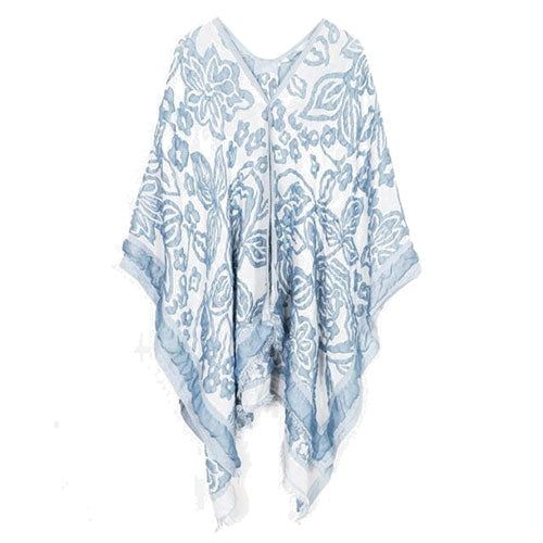 Poncho Femme Cachemire Fleuri bleu