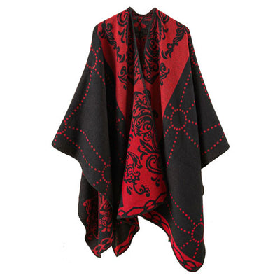 Poncho noir et rouge pour femme en coton