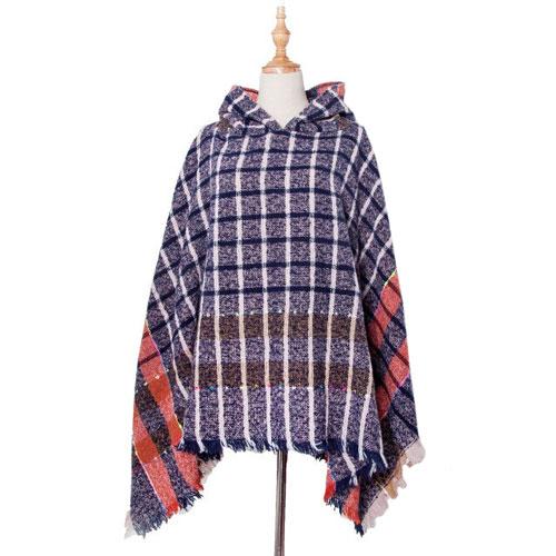 Poncho femme carreaux bleu rouge