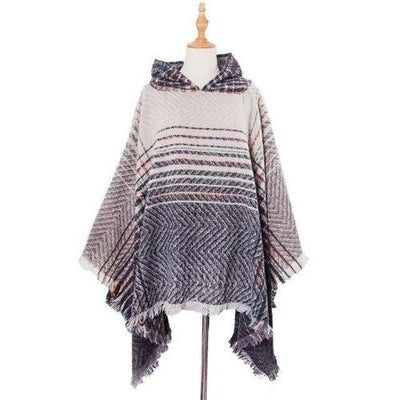Poncho femme gris capuche rayures